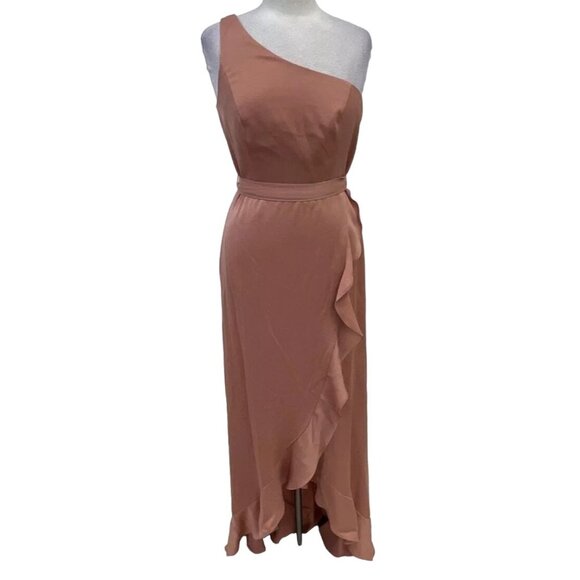 Davids Bridal Desert Coral High Low One Shoulder Dress Size 10 NWT Wrap Wedding - Picture 1 of 11